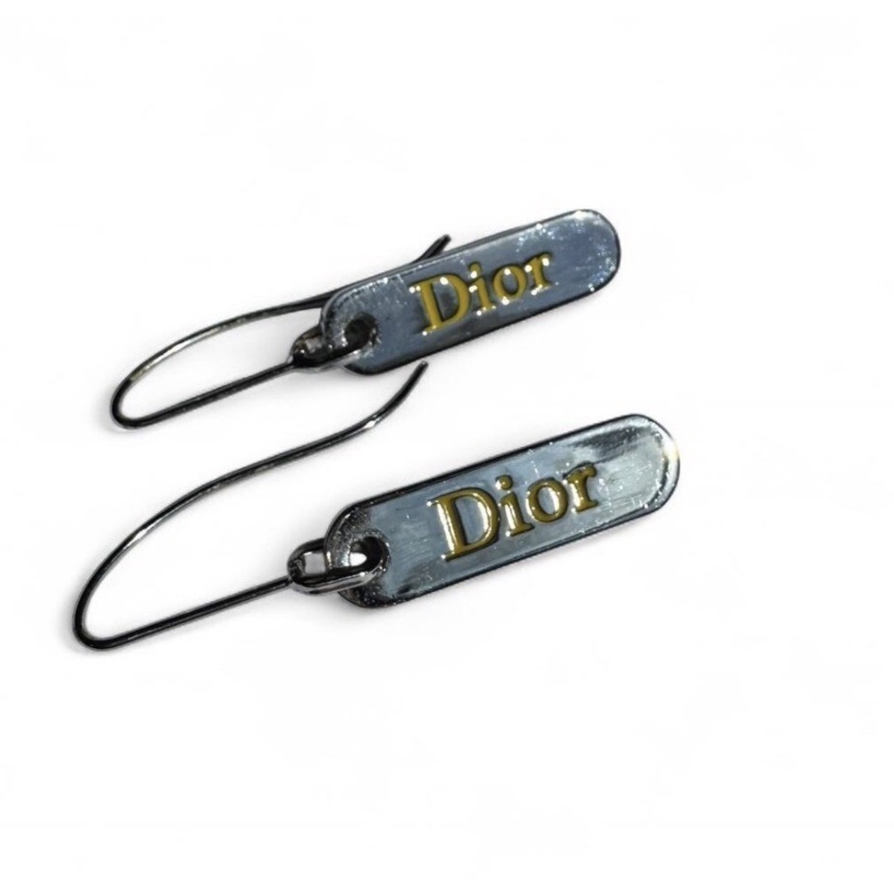 Christian Dior Drop Tag Earrings Metal Oval with Stamped Logo